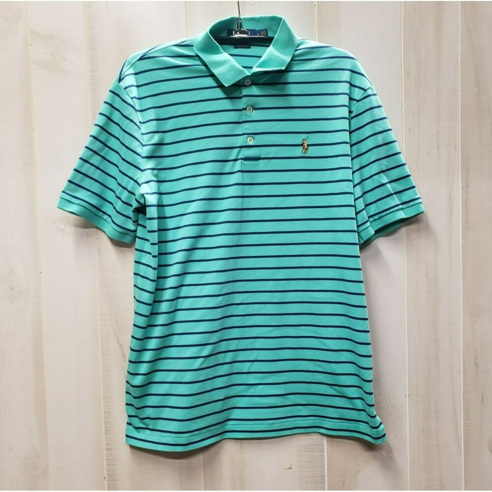 Polo Ralph Lauren Classic Fit Collared Shirt Medium 100% Cotton Grn Blue Stripe